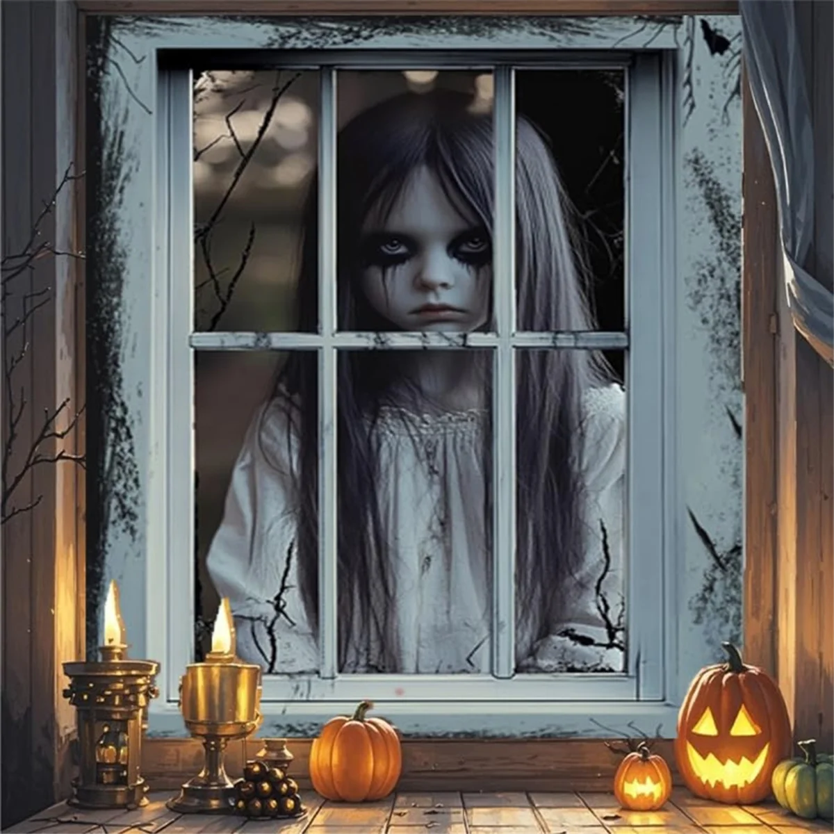 2025年+ 2パック ハロウィン ウィンドウデコレーション 女性ゴースト ハロウィン ウィンドウ ホラー 女性ゴースト ドール カーテンセット