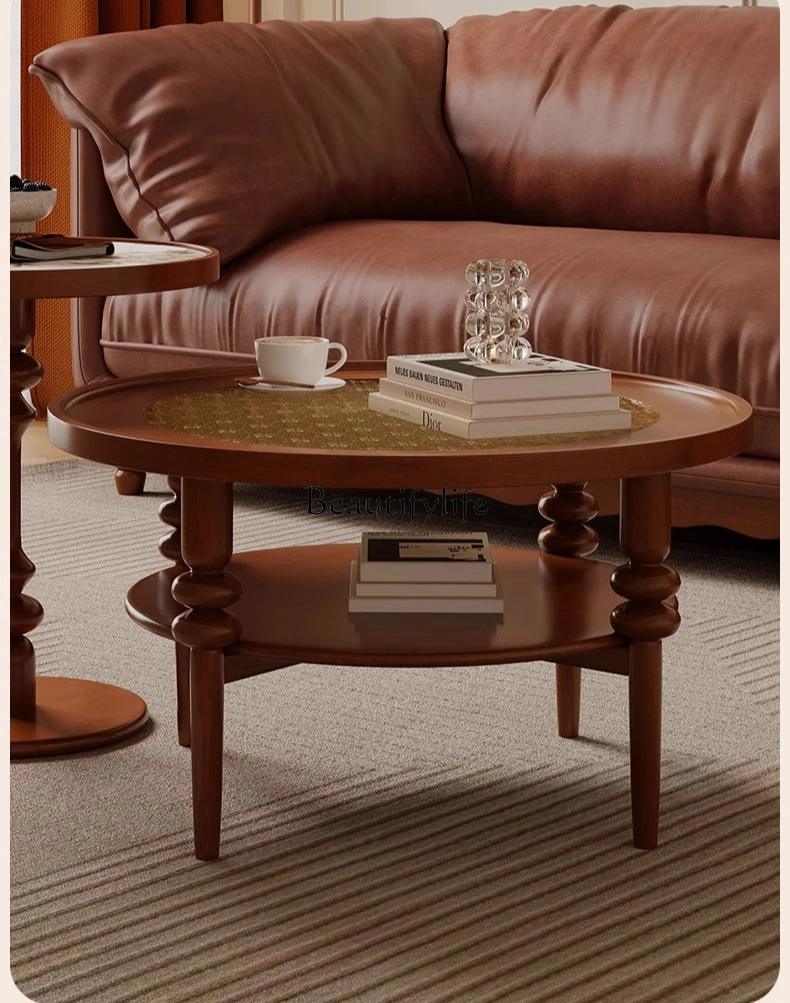 

French retro solid wood round coffee table household tea table American medieval tea table