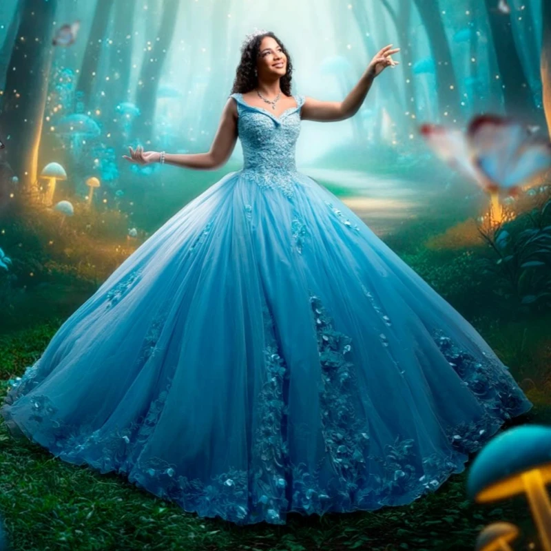 

Blue Quinceanera Dresses Off The Shoulder Applique Lace Tull Corset Party Birthday Sweet 16 Dress Vestidos 15 De Anos