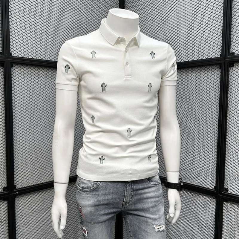 

2026 New Cactus Print Slim Fit Polo Shirt for Men Summer Short Sleeve Fashion Turn-Down Collar T-Shirt