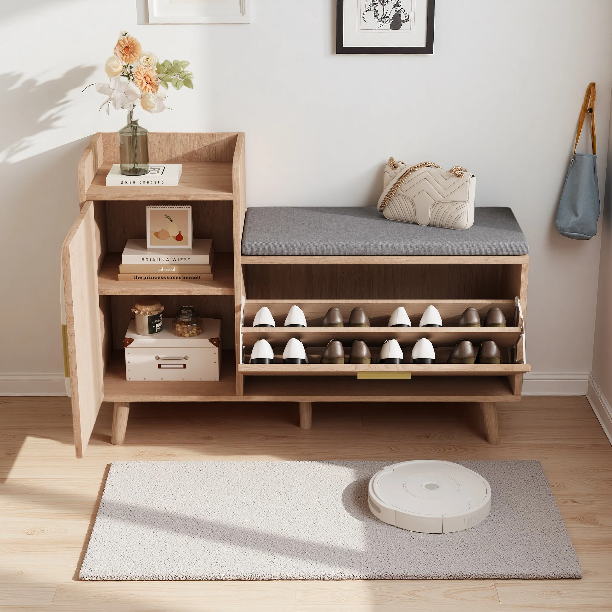 Comanlai Meuble à chaussures couleur bois, banc à chaussures avec rangement rabattable, étagères amovibles, pieds en bois massif, pour couloir et salon