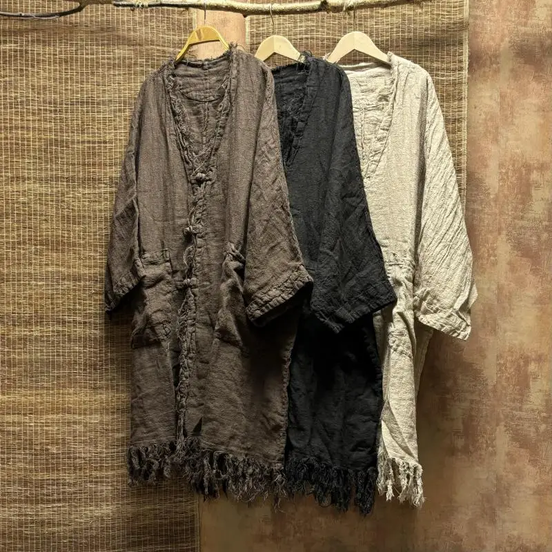 

New Spring Autumn Arts Style Women Bat Sleeved V-neck Trench Vintage Tassel Design Single Breasted Cotton Linen Long Coat ST238