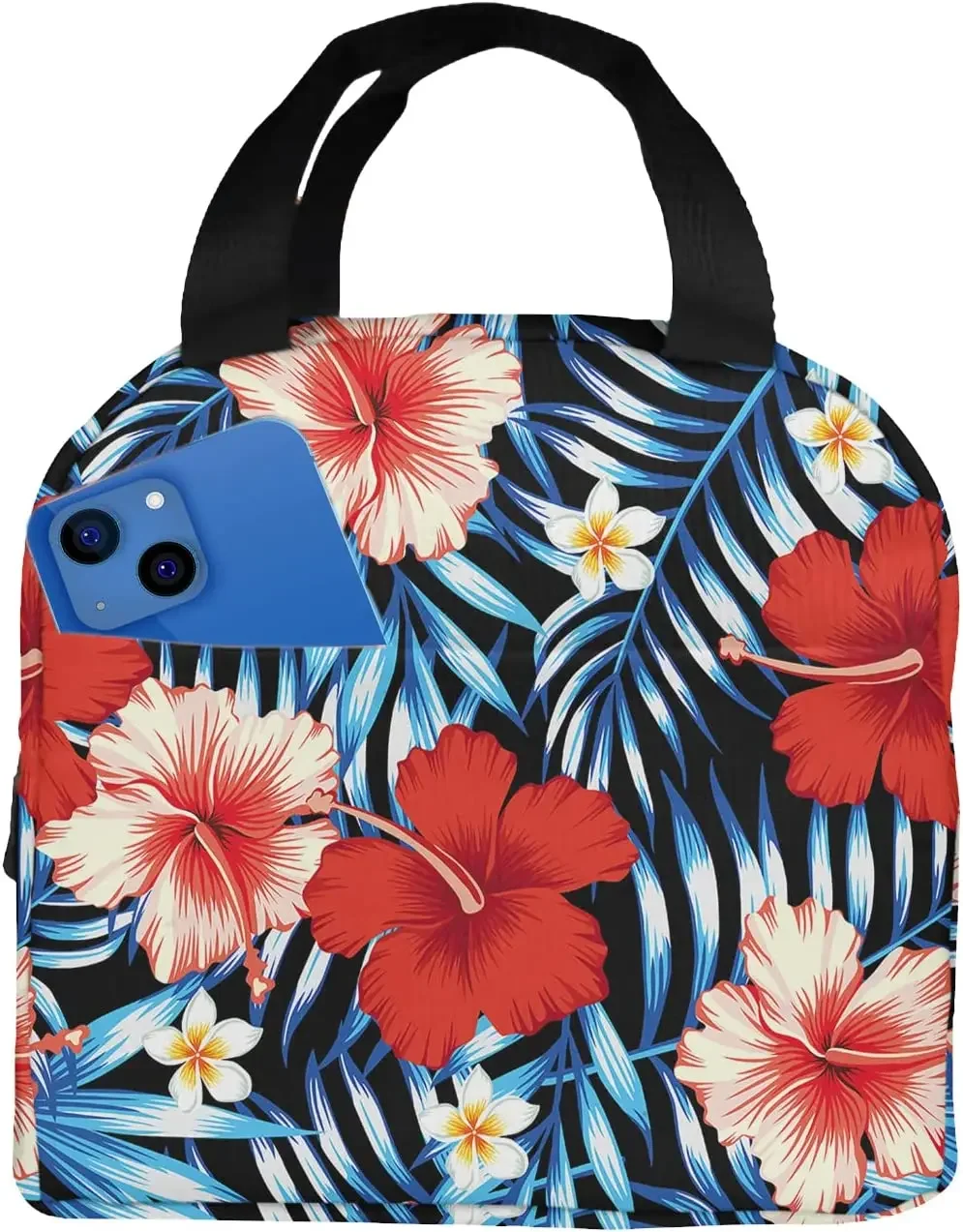 Red Hibiscus Large Insulated Lunch Bag Blue Tropical Leaves Hawaii Floral Lunch Box for Boys Girls Men Women Work Shcool Picnic