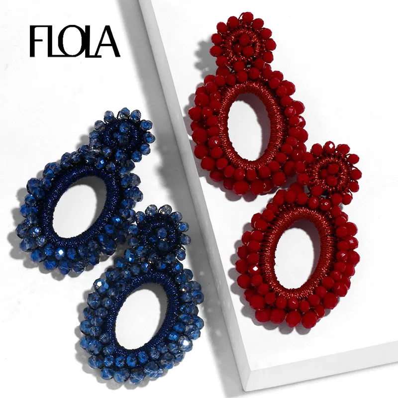 FLOLA  Fashion Big Red Earrings for Women Beads Crystal Boho Bohemian Earrings  Fashion Jewelry kralen oorbellen ersq14