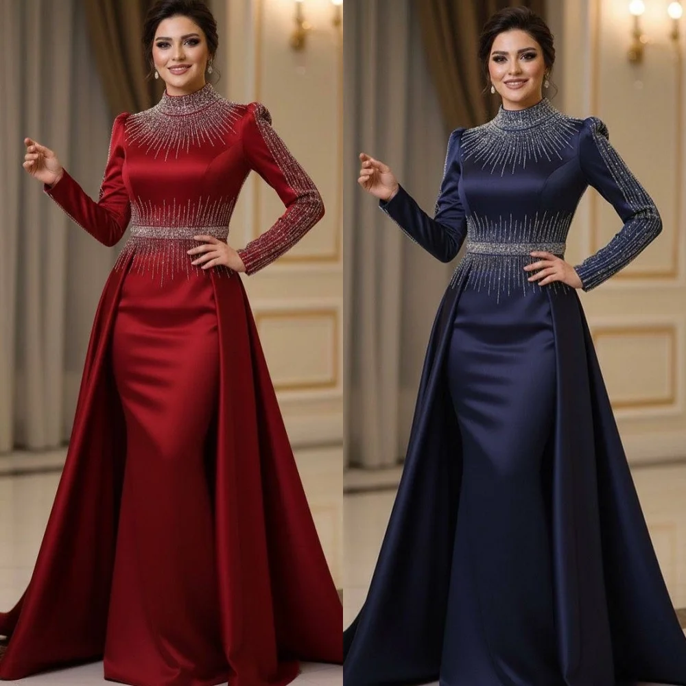 

Индивидуальные высококачественные вечерние платья Charmeuse со стразами и рюшами Русалка с высоким воротником Длинные платья на заказ Одинаковые платья для особых случаев