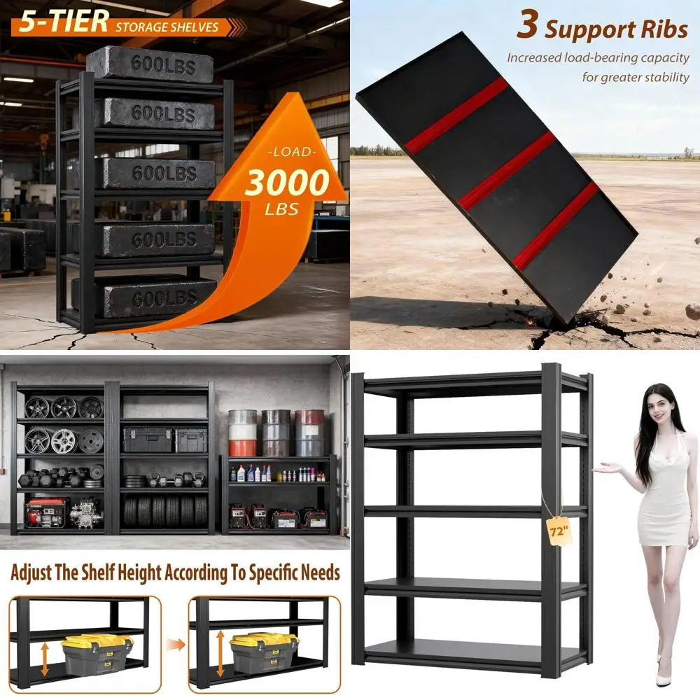 

5-ярусные регулируемые стеллажи для тяжелых нагрузок с грузоподъемностью до 1360 кг — идеально подходят для гаража, склада и подвала