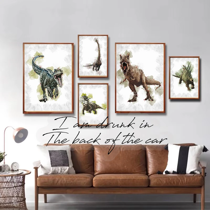 Dinosaur Art Print Velociraptor Poster Raptor T-REX Triceratops Indominus Rex Print Canvas Painting Watercolors Dinosaur Decor