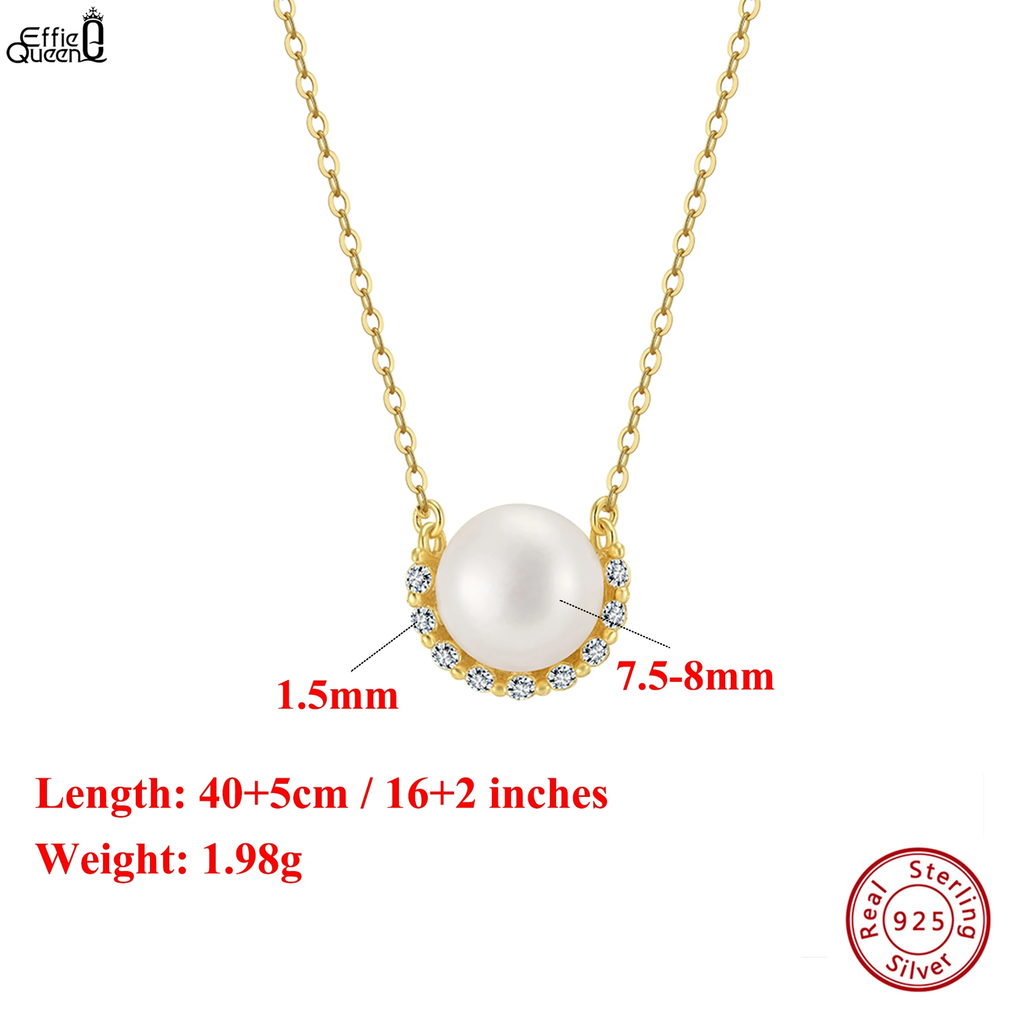 

EFFIE QUEEN Exquisite 925 Sterling Silver Pendant Necklace O-Chain With 7.5-8mm Freshwater Pearl & Sparkling Zirconia Gift GPN87