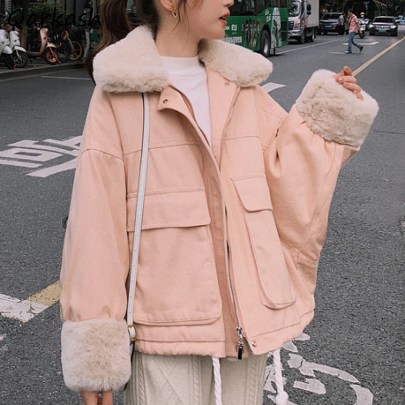 Lambswool Batwing Sleeve Short Parkas Women Sweet Young Students Coats Winter Furry Big Pockets Leisure Chic Fashion Jackets Ins