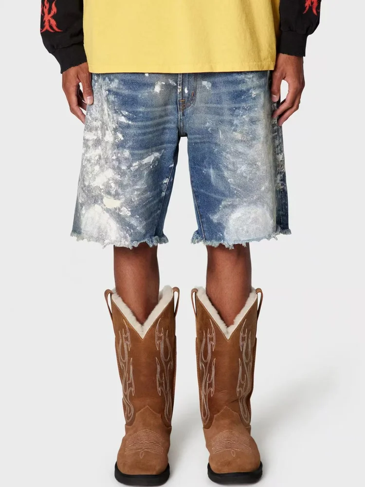 

Retro Waed Blue Spray Ink ort Jeans Casual Pants Youth Loose Fit Summer Denim orts Vintage Sle Straight Leg Trousers