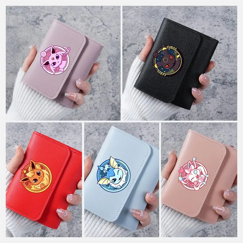 Pokemon Eevee Anime cartera de cuero PU Mini tarjetero monedero tarjeteros hombres mujeres cartera delgada pequeña carteras cortas regalo