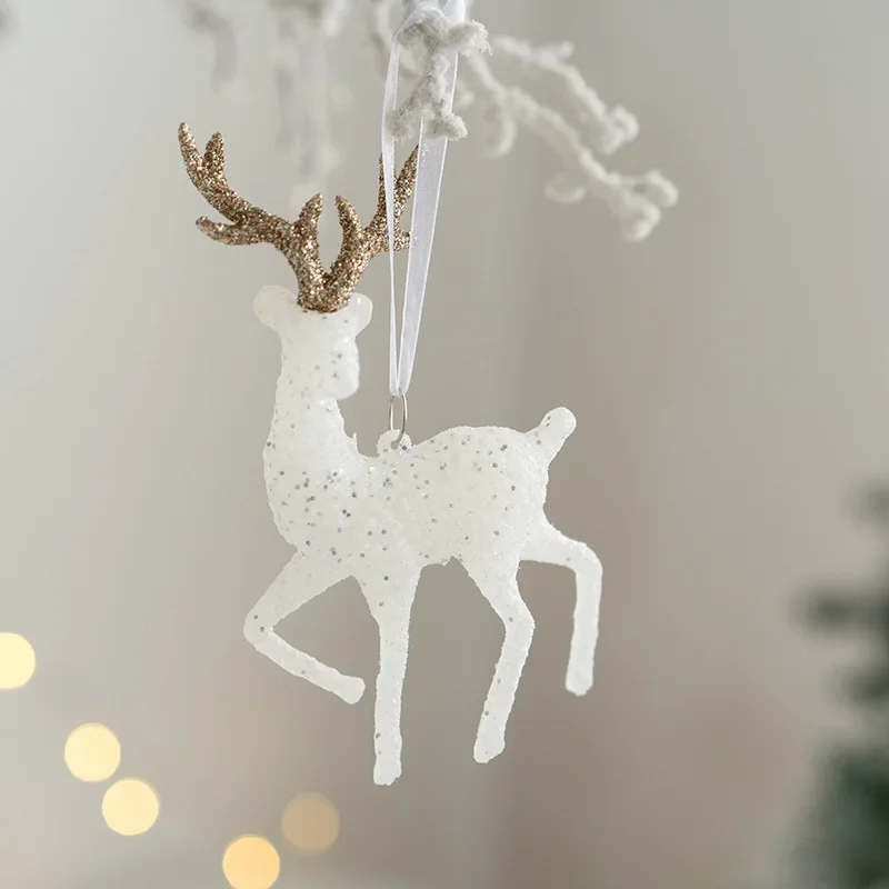 Christmas Tree Drop Ornaments Glitter Small Xmas Deer Oranments Xmas Elk Merry Christmas Decor Happy New Year 2025 White Deer