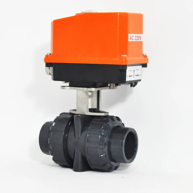 Valvola a sfera motorizzata in plastica PVC con attuatore elettrico a 2 vie doppia unione 24V 220V 1 1/2 pollici DN40
