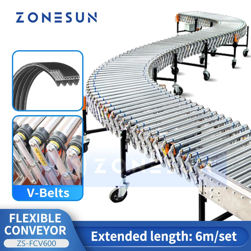 

ZONESUN Flexible Roller Extensible Conveyor Powered Multi Wedge V Belts Handling Equipment Industrial Transportation ZS-FCV600