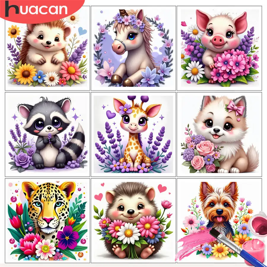 HUACAN Malen nach Zahlen-Kits, bezaubernder Igel, umgeben, Blüten, Kunstwerk, DIY, Ölzeichnung, Tier, Kunsthandwerk, Handbemalung, Heimdekoration