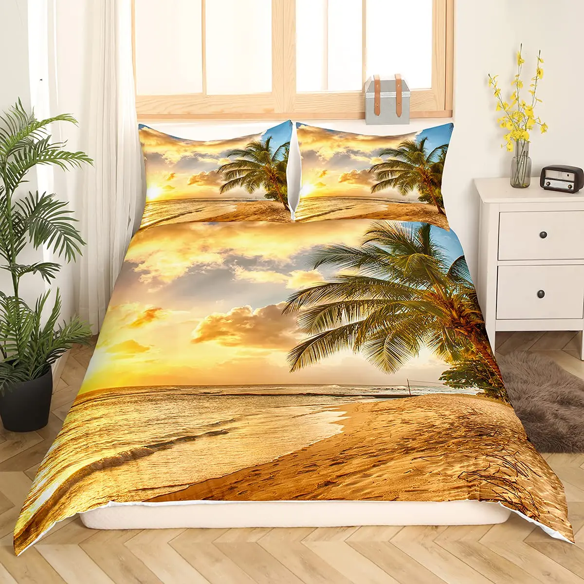 

Beach Sea Wave Ocean Duvet Cover Sunset Hawaiian Palm Tree Wave Comforter Cover Tropical Island and Sea Beach Nature Theme Decor