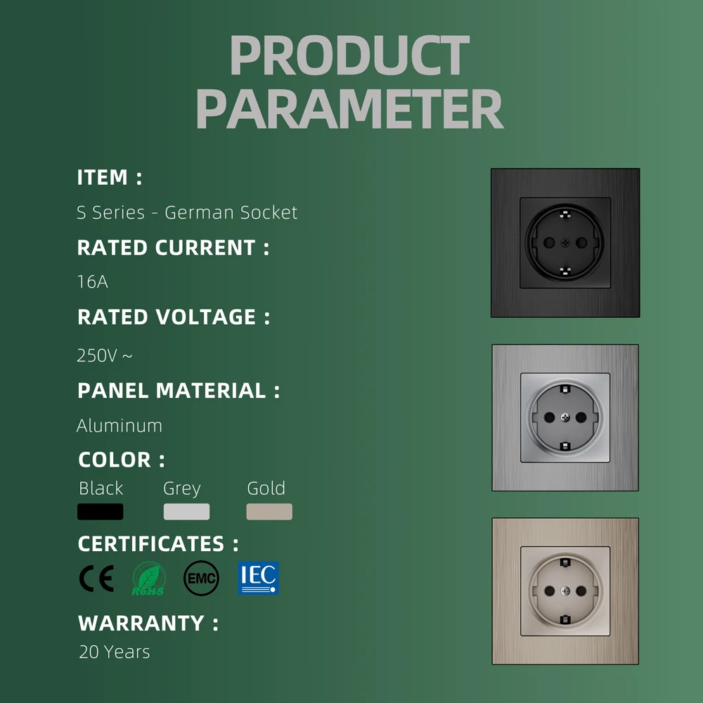 EU standard S series wall socket 86*86mm German socket black grey gold 250V 16A  aluminum brushed panel CE RoHS authentication