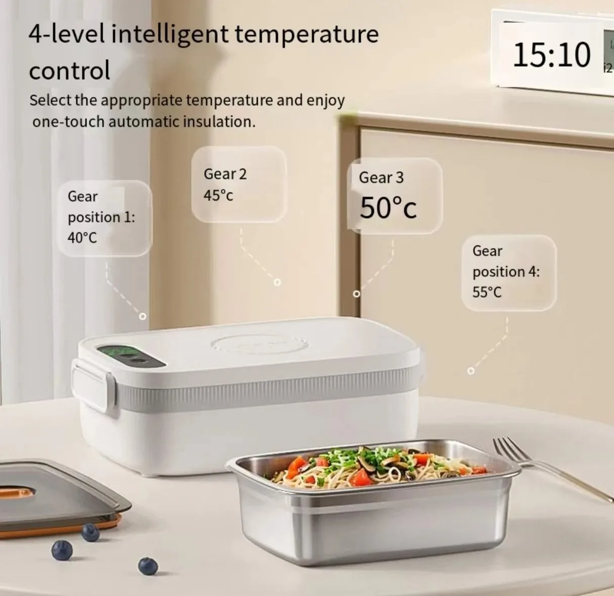 Wireless Rechargeable Electric Heating Lunch Box No Water Filling, Portable LCD Display, Intelligent Temperature Control