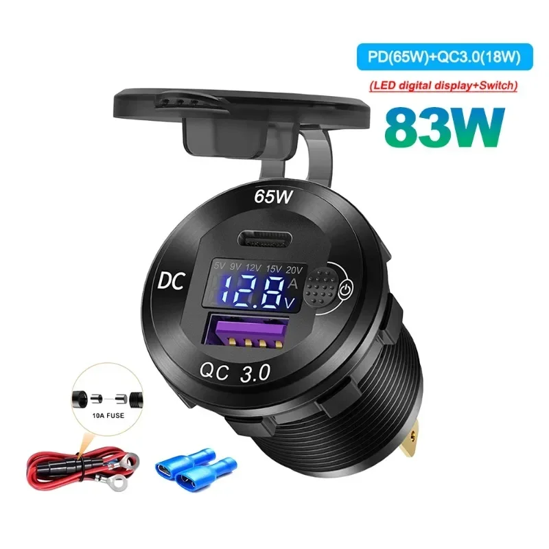 NEW 83W USB C Car Charger Socket Adapter 65W PD & QC3.0 Power Outlet w/ LED Voltmeter Switch for 12-24V Car Marine Motorcycle RV