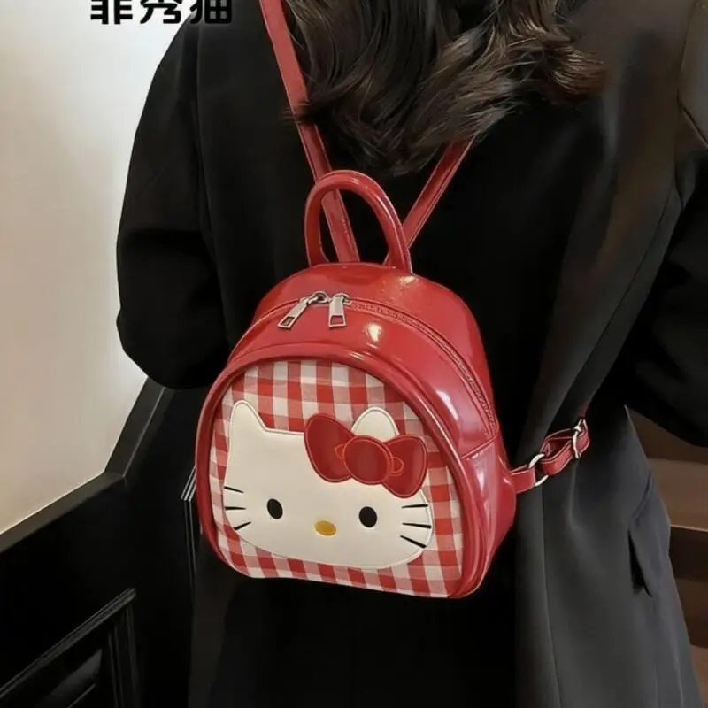 20Cm Sanrio Hello Kitty Red Grid Pattern Pu Leather Backpack Single Layer Zipper Large Capacity Storage Travel Girl Holiday Gift