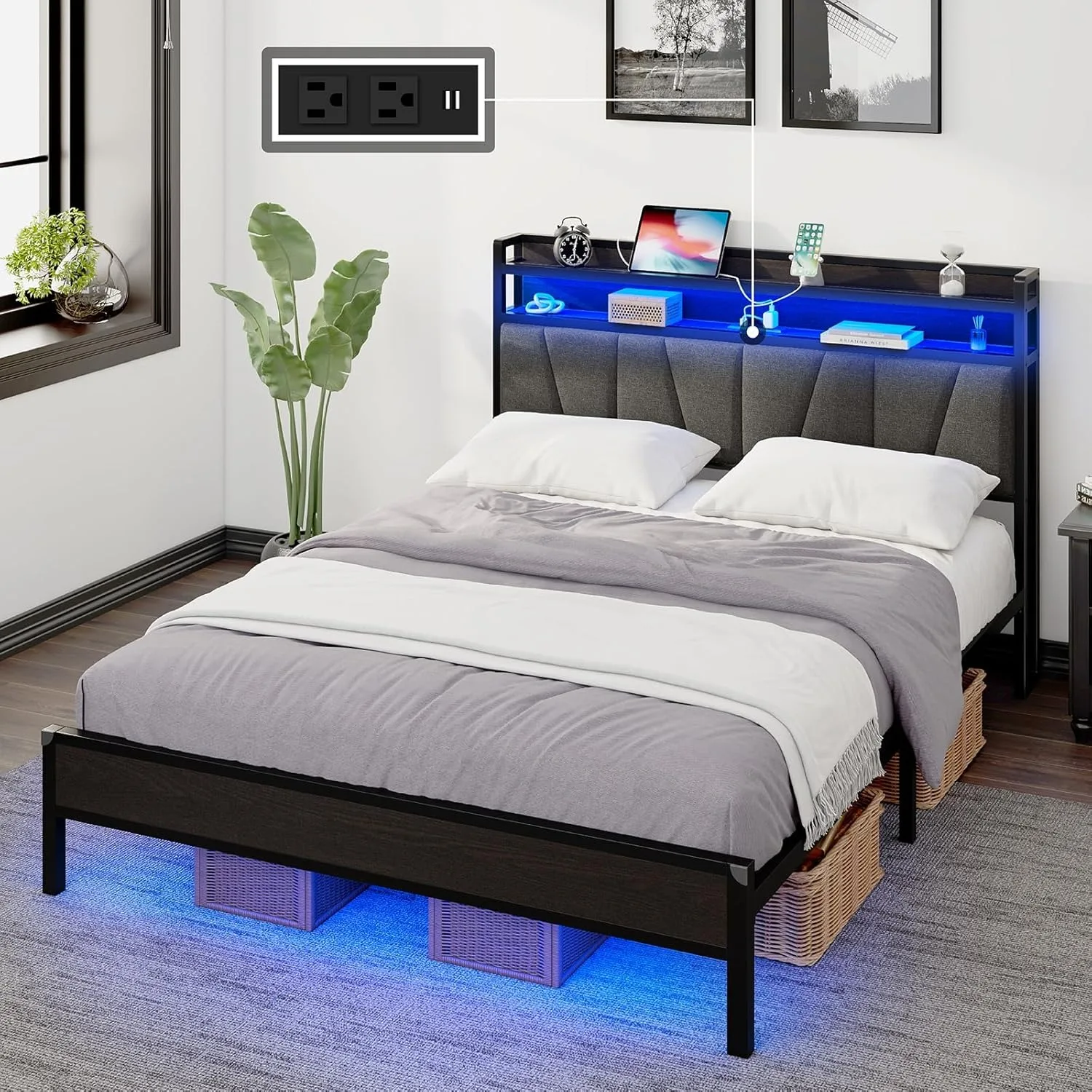 Full Size Bed Frame with RGB Lights & Charging Station, LED Bed Frame with Storage Headboard Upholstered, Heavy Duty Metal Slats