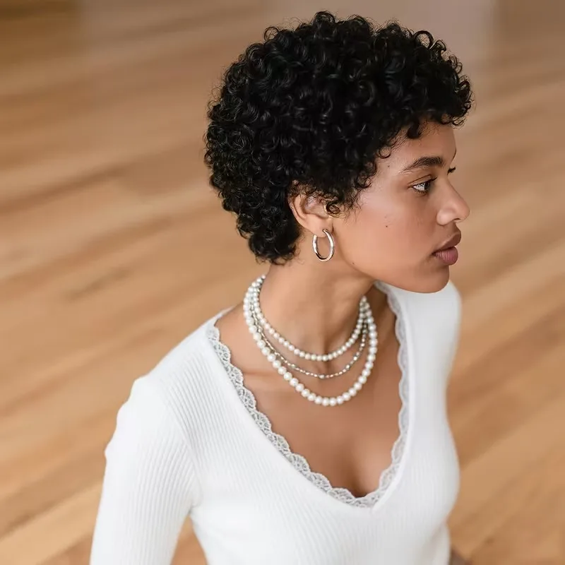 Curly Short Layered Pixie Cut Wig For Women 100% Human Hair Full Machine Made Natural Realistic Tangle-Free Easy To Maintain