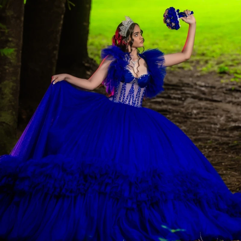

Royal Blue Shiny Quinceanera Dresses Off The Shoulder Beads Tiered Tull Corset Party Birthday Sweet 16 Dress Vestidos 15 De Anos