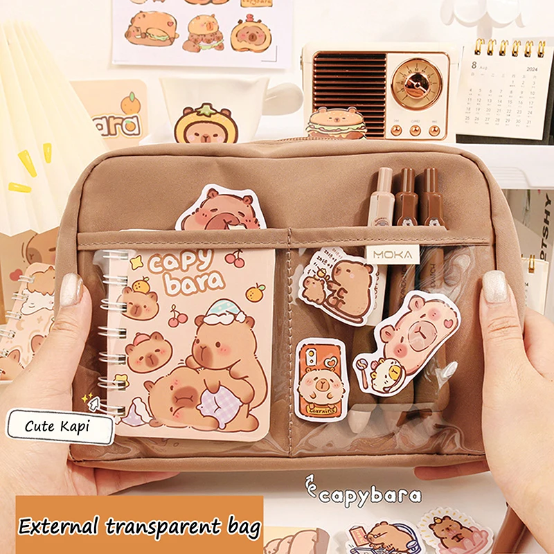 Large Capacity Kawaii Capybara Multi Layered Separated Stationery Bag Pencil Case Cosmetic Bag School Office Supplies Stationery