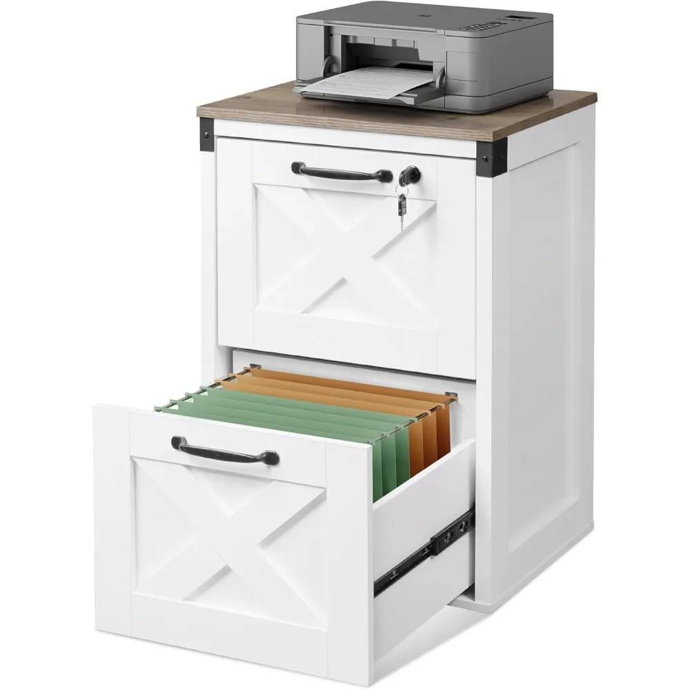 

2 Drawer File Cabinet with Lock, Wood Farmhouse Filing Cabinet for Home Office, Printer Stand Fits Letter and A4 Size, White