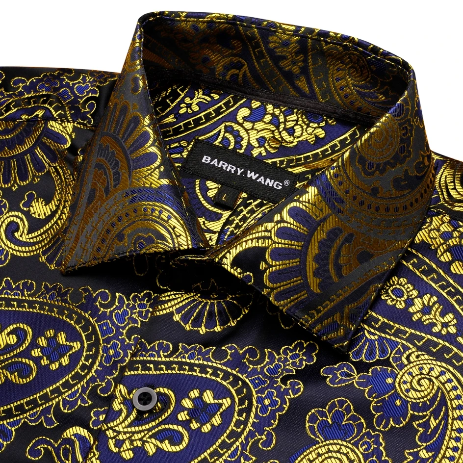 Barry.Wang Luxury Silk Mens Shirts Jacquard Paisley Long Sleeve Formal Casual 26 Colours Male Blouses Wedding Business Prom Gift