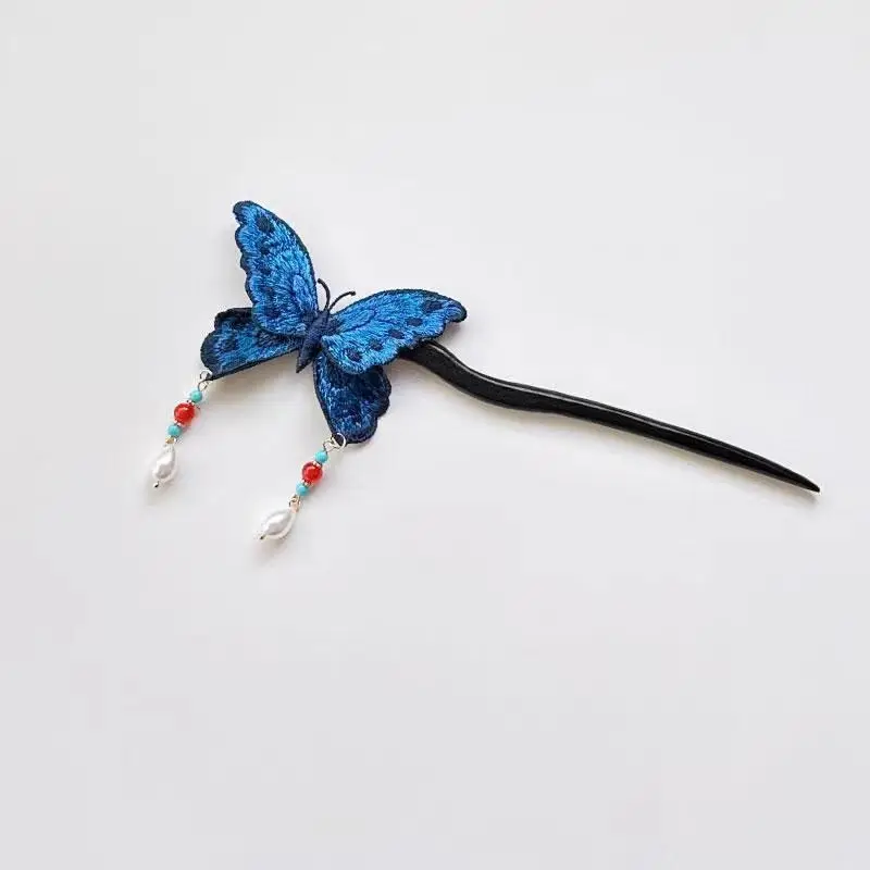 New Chinese-Style Embroidered Blue Butterfly Tassel Hairpin, Ancient Style Side Clip Hairpin, Headpiece, Hanfu Qipao Accessory view 5