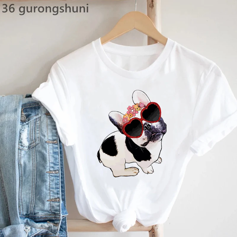 Funny Tshirt Women French Bulldog Crown Flowers And Heart Sunglasses T-Shirt Femme Dog Lover T Shirt Female Harajuku Shirt Tops