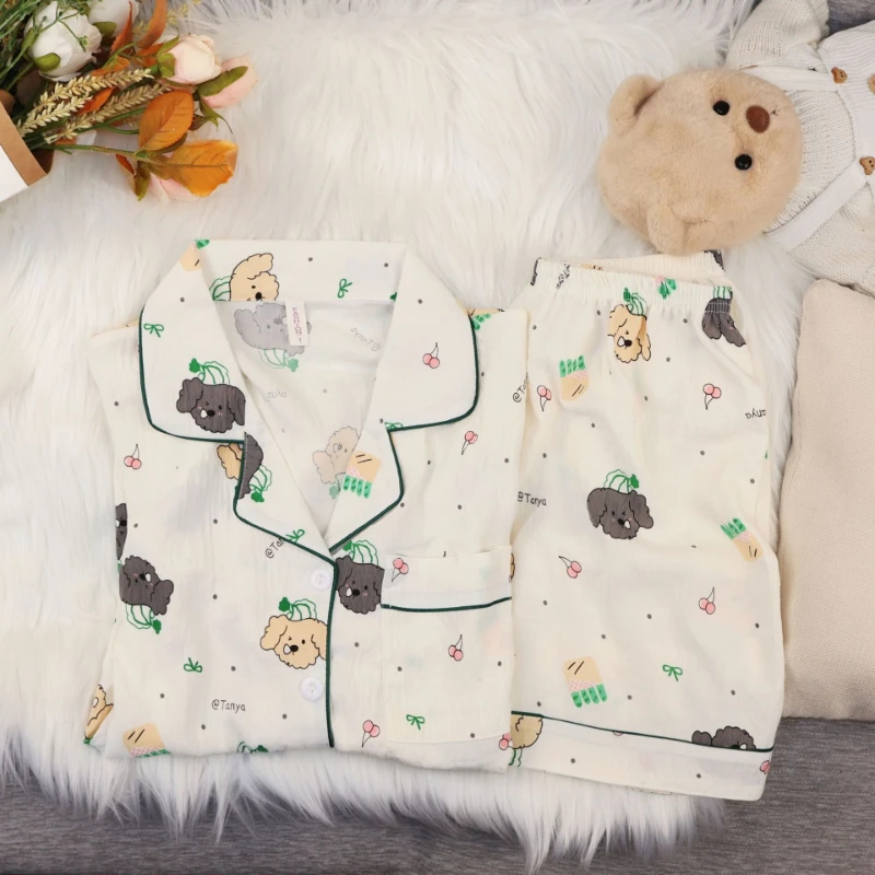 

Summer New Arrival Girl Japanese Style Cherry Puppy Pajamas Sleepwear Set for Women's Short Sleeve Shorts Cute Cartoon Homewear