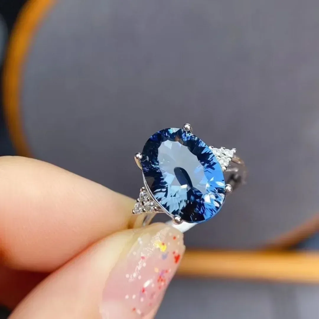 Natural Topaz Ring Deep London Blue for Women Party Big Gemstone 10x14mm Fine Jewelry High Quality S925 Silver