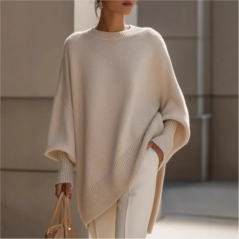 

Women Simple Batwing Sleeve Knitted Sweater Shoulder Design Casual Style Autumn Winter Outerwear Irregular Shaped Knitwear Coat