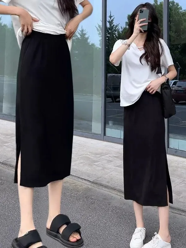 plus Size Black Asymmetrical A-Line Midi Skirt Women's Spring Summer New Style Slimming Casual High Waist Polyester Fiber