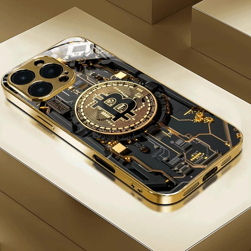 

Black Bitcoin pattern glass phone case suitable for iPhone 17 16 15 14 13 12 11 Pro/Max/Plus anti drop and shockproof back cover
