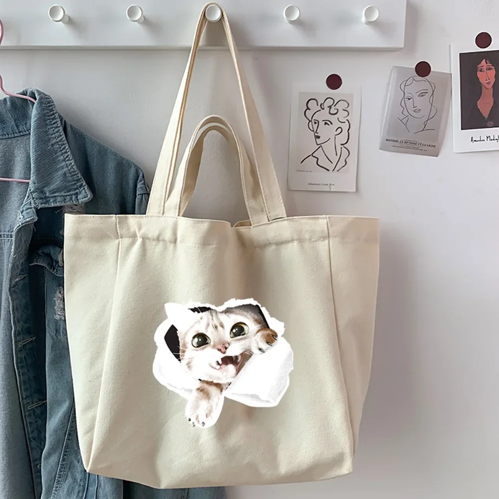 Women Canvas Shoulder Bag Cat Print Ladies Casual Handbag Tote Bag Reusable Large Capacity Eco-Friendly Shopping Beach Bag