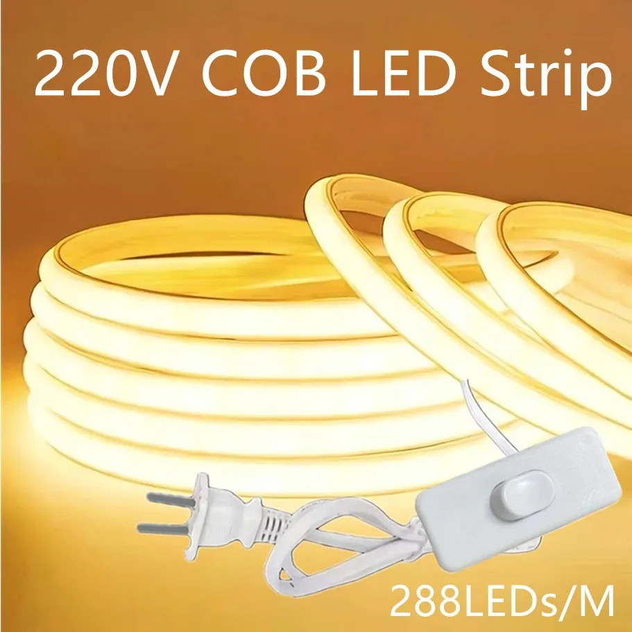 

220V COB LED Lamp Strip Switch/Dimmable Power EU Plug 288LEDs/m RA90 Outdoor Garden 1-30M FOB LED Tape Bedroom Kitchen Lighting