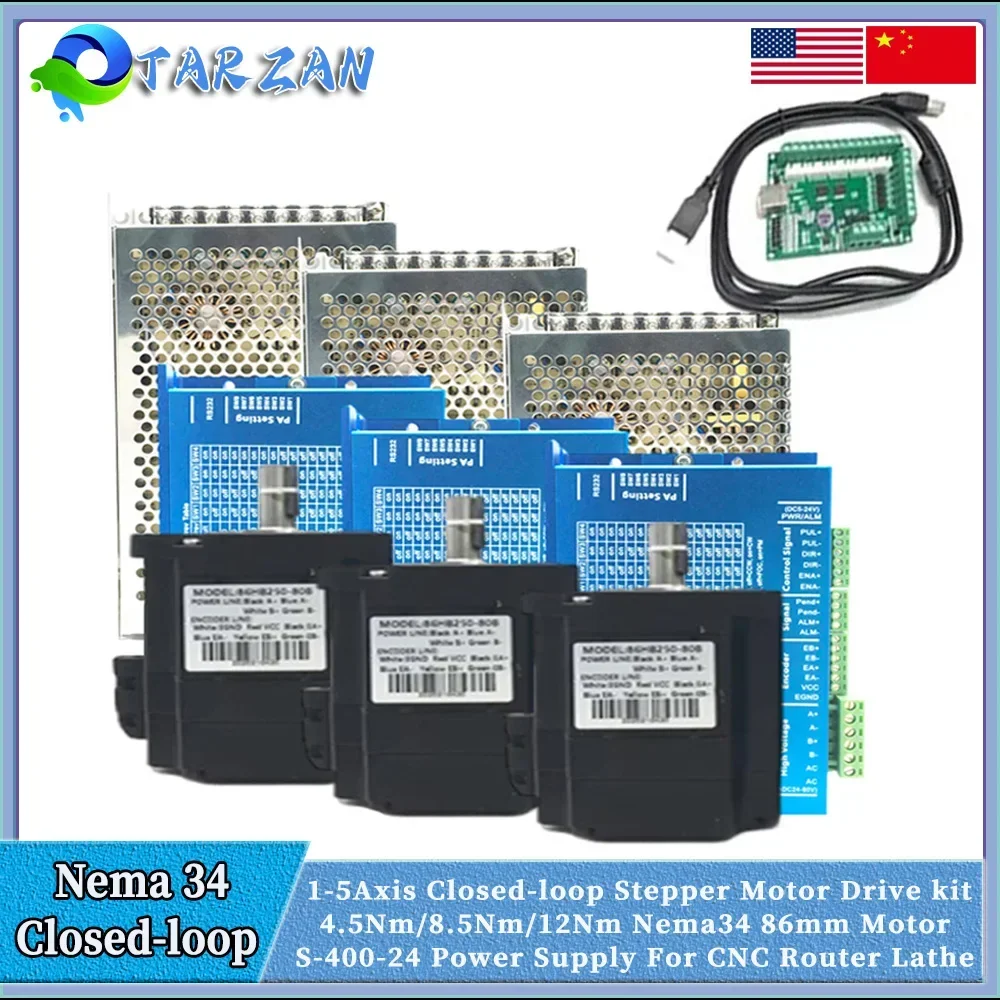 

1-3 Axis Nema34 Closed-loop Stepper Motor 4.5/8.5/12Nm 6A 2Phas Hybrid Servo Motor With Encoder Driver 400W Power Supply Kit CNC