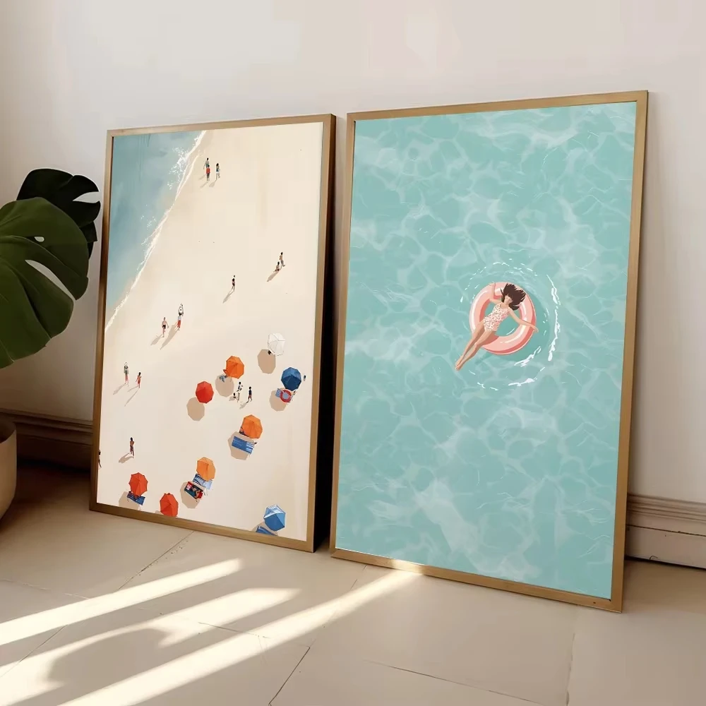 Arte de pared para fiesta de piscina de verano para niña, impresiones en lienzo de playa y océano para decoración nórdica para sala de estar, arte para el hogar con temática de barco