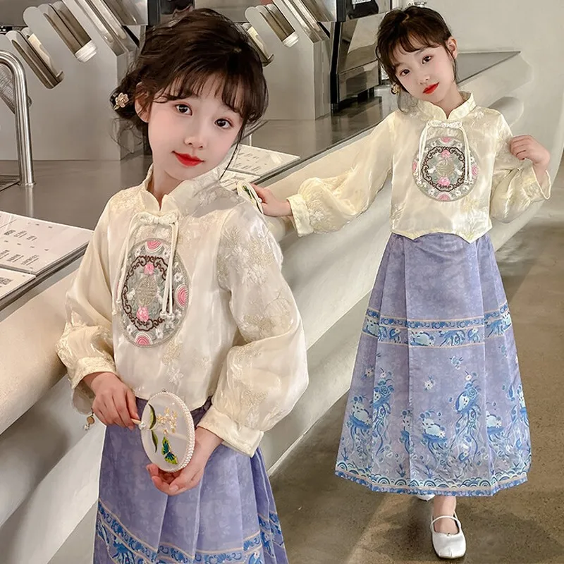 

Vintage Girls Hanfu Horse Face Skirt Classical Kids Chinese Traditional Hanfu Two Piece Set Shirt Pleats Skirt Children Mamian