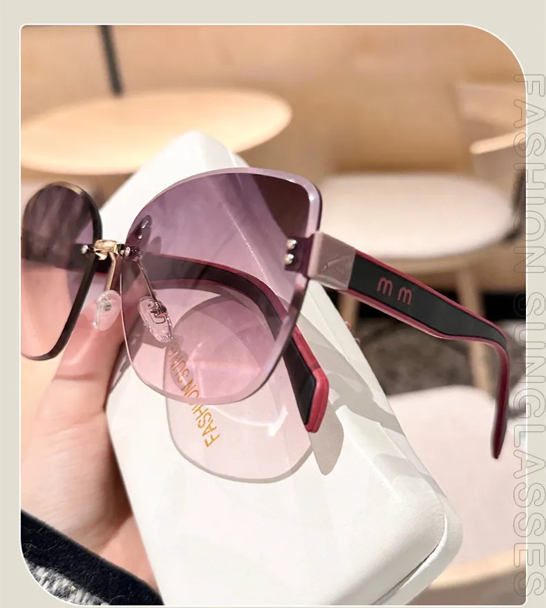 Cat-Eye-Mode-Sonnenbrille mit großem Rahmen, 2025, neuer UV-Schutz, rahmenlos, für Damen, Kantenschneiden, DS-8208 – Detail 1