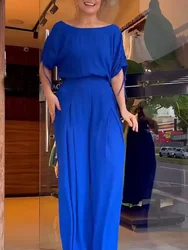 Drauuing Women Round Neck Top And Pants Set Female Office Chic Blue Trouser Two Piece Set Pocket Wide Leg Pants Outfits 2024 New