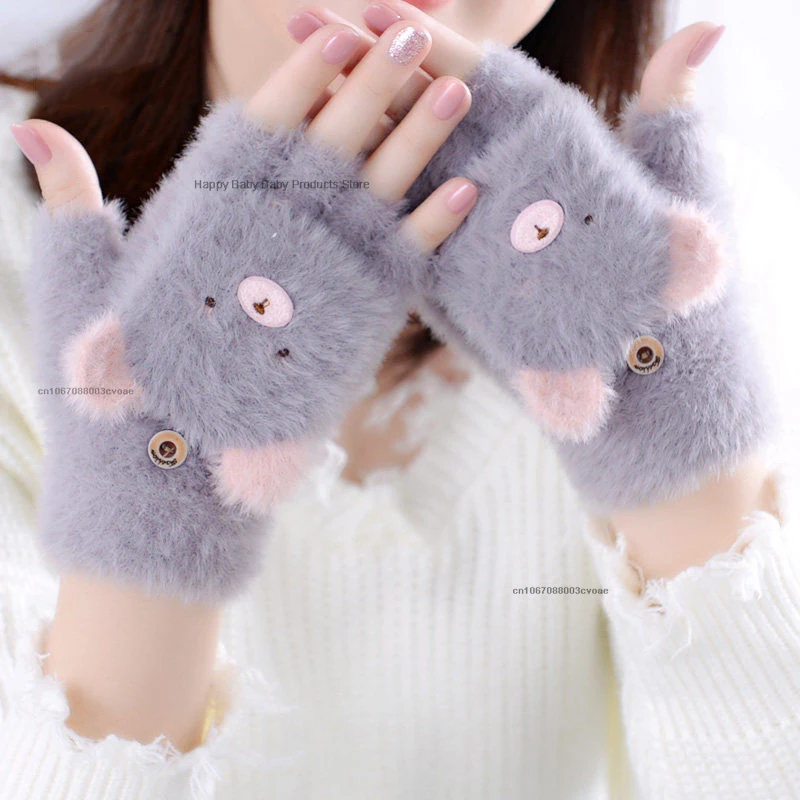 Winter Cashmere Mittens Women Warm Gloves Kids Girls Flip Plush Glove Fingerless Thicken Warm Mitten Work Gloves Half Finger