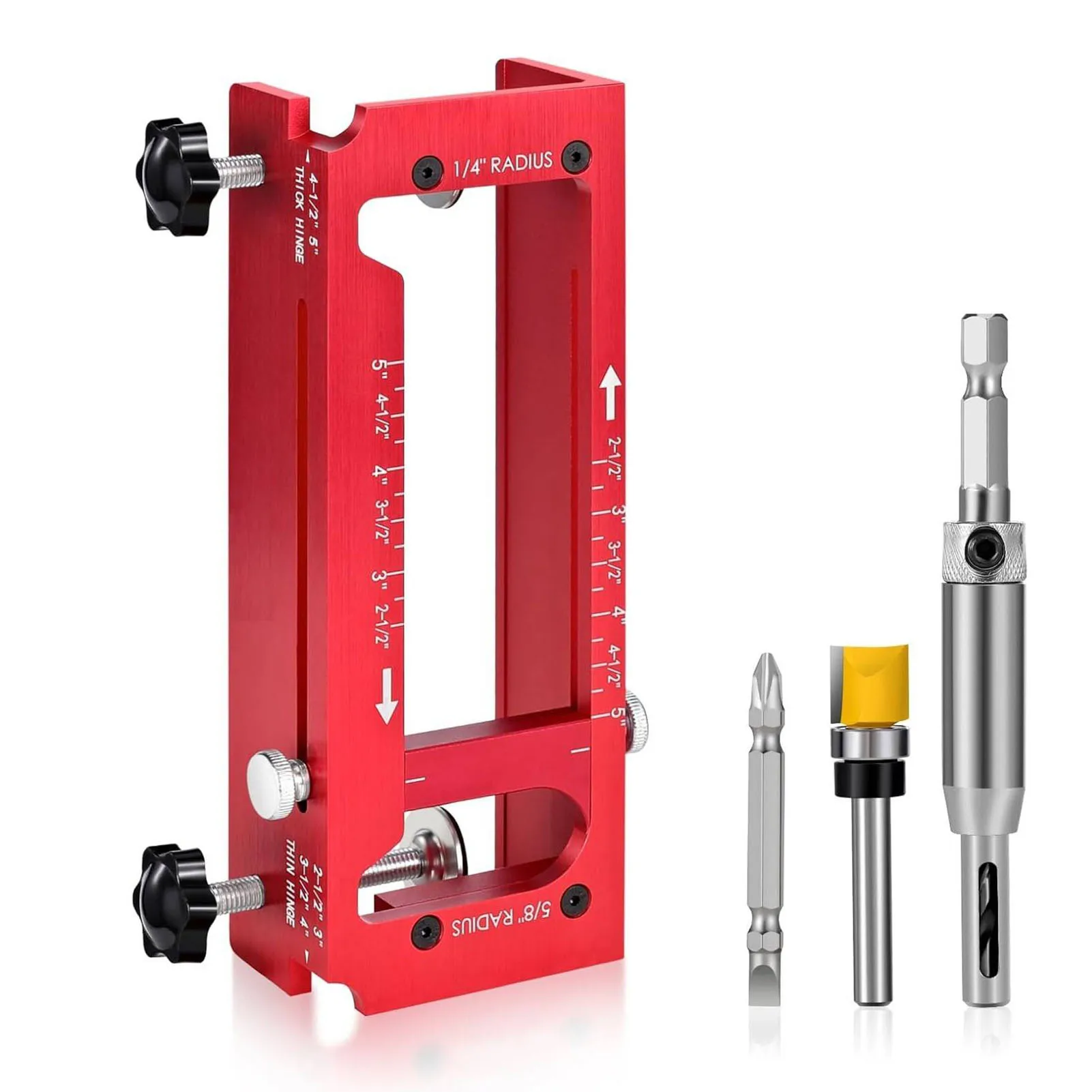 Deurscharniermontagesjabloon, verstelbare freesmal voor scharnieren met een lengte van 2,5 tot 5 inch en een radius van 1/4 en 5/8 inch, aluminiumlegering