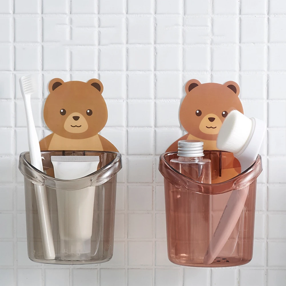 Cute Bear Home Storage Cup Wall Mount Toothbrush Toothpaste Cup Holder Case Bathroom Organization Accessories