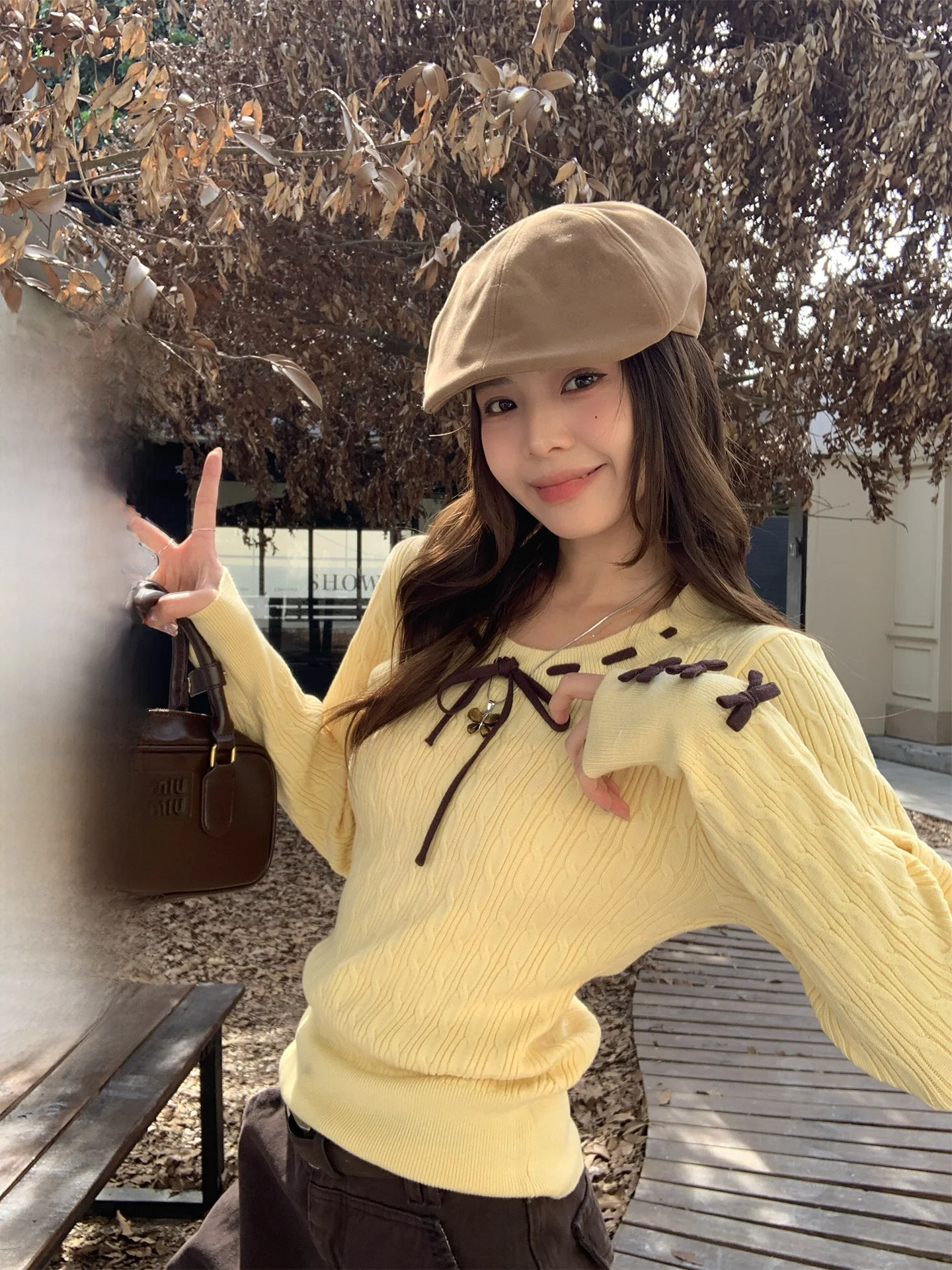 

Geometric Yellow Knitted Sweater Women's Slim Fit Knot Design Winter New Sle Commute Faion Inner Wear Top