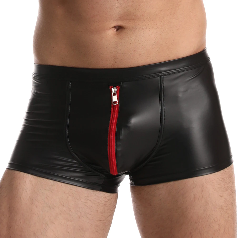 Boxer De Couro falso Nova Bulge Bolsa Cueca Homens Sexy Gay Homem Desliza Hot Calcinha Fina Moda Masculina Com Zíper Calções Cuecas Pretas