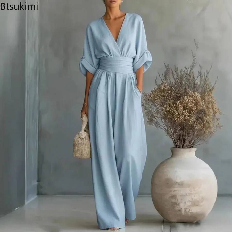 2026 Sexy Deep V Neck Women's Jumpsuits Elegant Solid High Waist Rompers Casual Wide Leg Pants Pocket Overalls Vacation Outfits